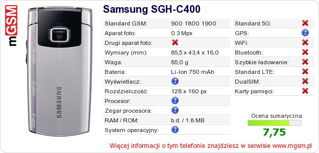Dane telefonu Samsung SGH-C400 Dane telefonu Samsung SGH-C400