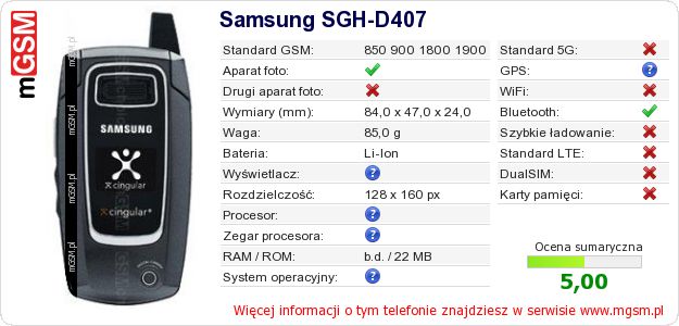 Dane telefonu Samsung SGH-D407 Dane telefonu Samsung SGH-D407
