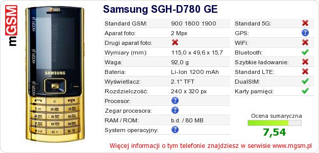 Dane telefonu Samsung SGH-D780 GE Dane telefonu Samsung SGH-D780 GE