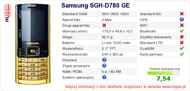 Dane telefonu Samsung SGH-D780 GE Dane telefonu Samsung SGH-D780 GE
