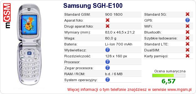 Dane telefonu Samsung SGH-E100