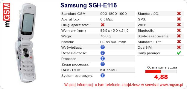 Dane telefonu Samsung SGH-E116