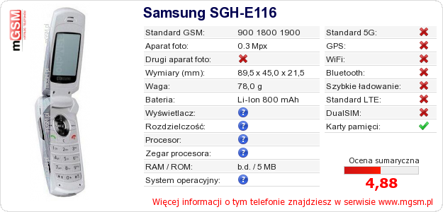 Dane telefonu Samsung SGH-E116