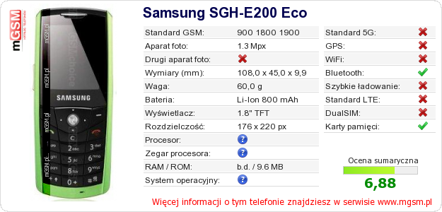Dane telefonu Samsung SGH-E200 Eco