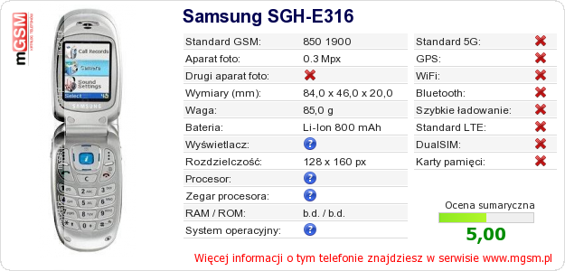 Dane telefonu Samsung SGH-E316
