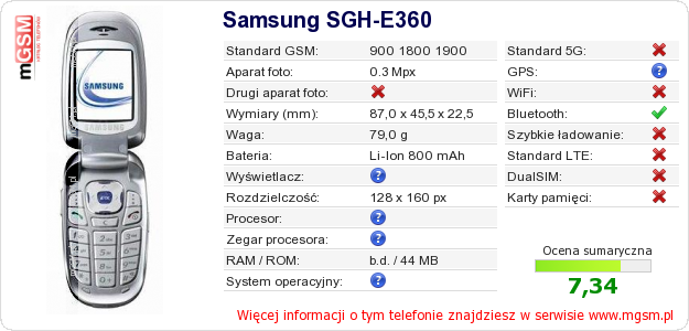 Dane telefonu Samsung SGH-E360 Dane telefonu Samsung SGH-E360