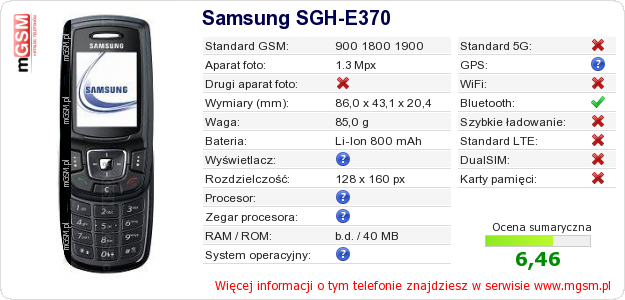 Dane telefonu Samsung SGH-E370