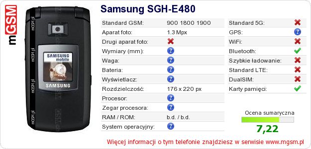 Dane telefonu Samsung SGH-E480