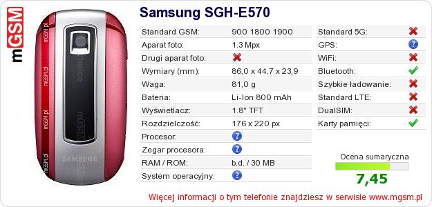 Dane telefonu Samsung SGH-E570 Dane telefonu Samsung SGH-E570
