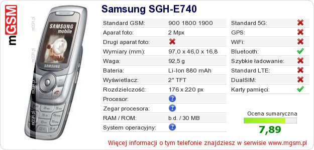Dane telefonu Samsung SGH-E740