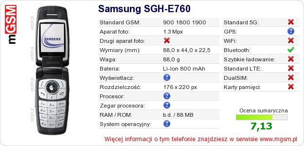 Dane telefonu Samsung SGH-E760