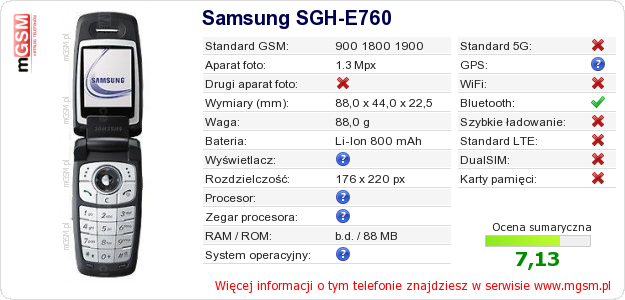 Dane telefonu Samsung SGH-E760