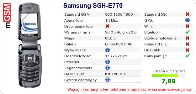Dane telefonu Samsung SGH-E770 Dane telefonu Samsung SGH-E770