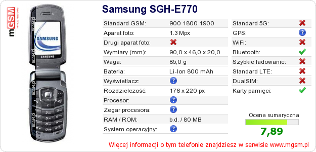 Dane telefonu Samsung SGH-E770