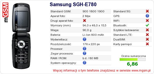Dane telefonu Samsung SGH-E780 Dane telefonu Samsung SGH-E780