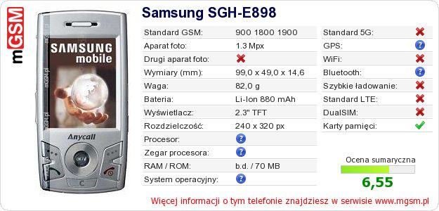 Dane telefonu Samsung SGH-E898 Dane telefonu Samsung SGH-E898