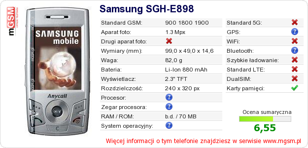 Dane telefonu Samsung SGH-E898 Dane telefonu Samsung SGH-E898