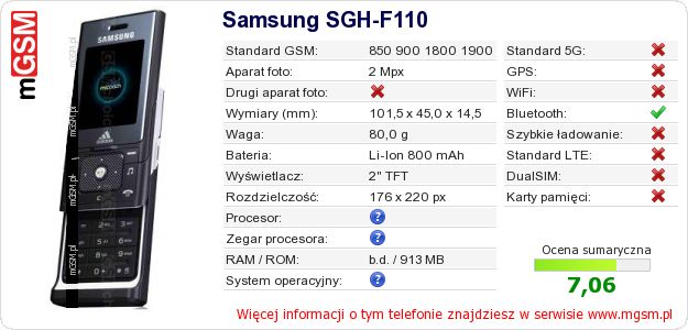Dane telefonu Samsung SGH-F110 Dane telefonu Samsung SGH-F110