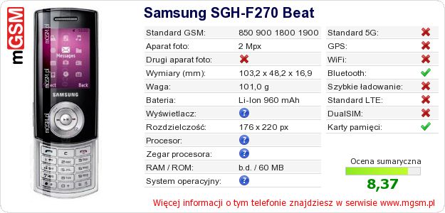 Dane telefonu Samsung SGH-F270 Beat Dane telefonu Samsung SGH-F270 Beat