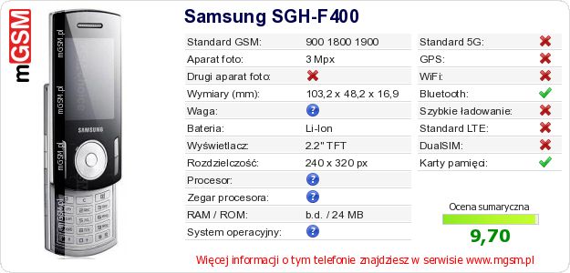 Dane telefonu Samsung SGH-F400