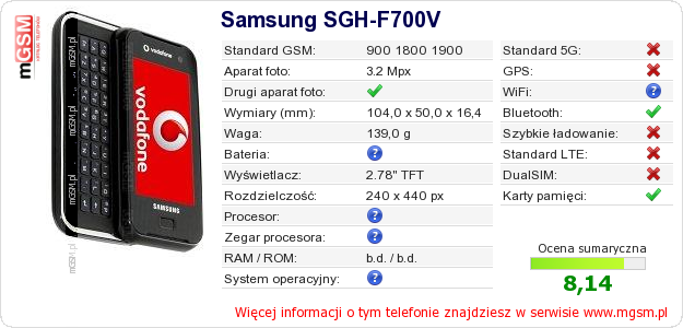 Dane telefonu Samsung SGH-F700V