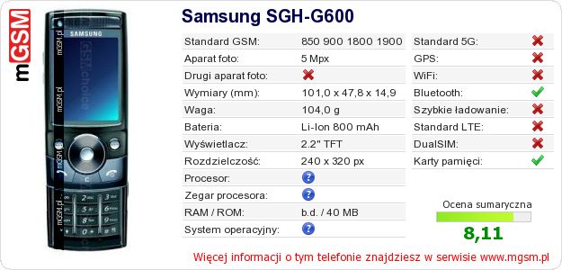 Dane telefonu Samsung SGH-G600