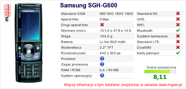 Dane telefonu Samsung SGH-G600