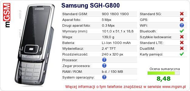 Dane telefonu Samsung SGH-G800 Dane telefonu Samsung SGH-G800