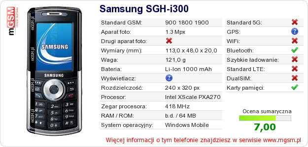Dane telefonu Samsung SGH-i300