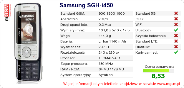 Dane telefonu Samsung SGH-i450 Dane telefonu Samsung SGH-i450