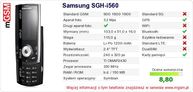 Dane telefonu Samsung SGH-i560