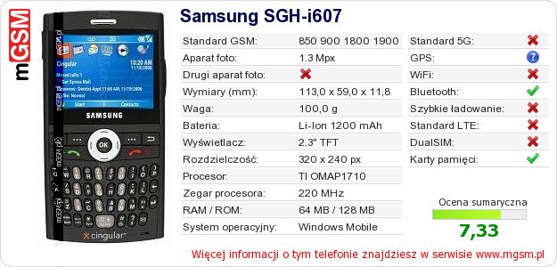 Dane telefonu Samsung SGH-i607 Dane telefonu Samsung SGH-i607