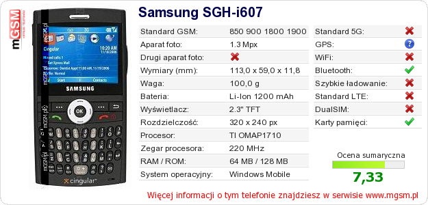 Dane telefonu Samsung SGH-i607