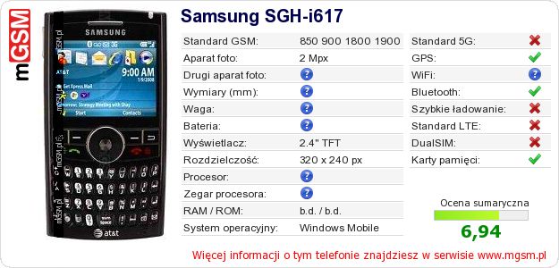 Dane telefonu Samsung SGH-i617