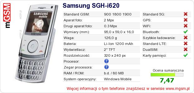 Dane telefonu Samsung SGH-i620 Dane telefonu Samsung SGH-i620
