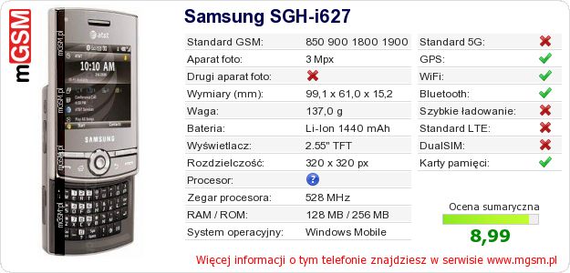 Dane telefonu Samsung SGH-i627