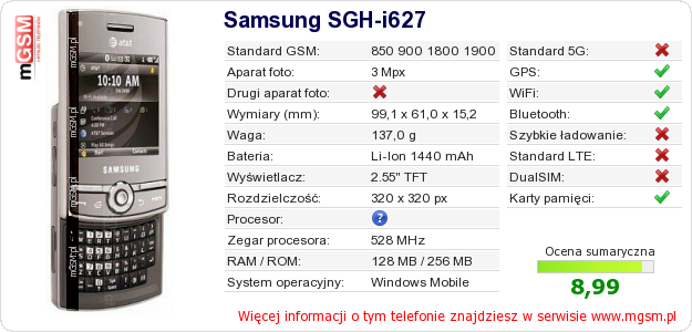 Dane telefonu Samsung SGH-i627