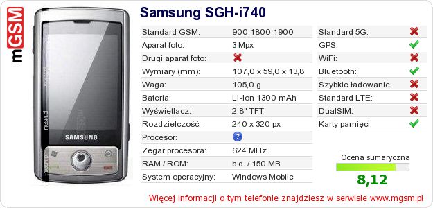 Dane telefonu Samsung SGH-i740