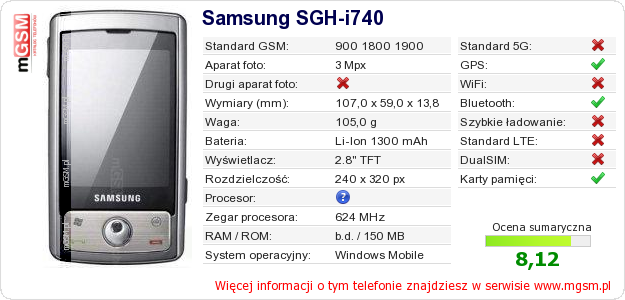 Dane telefonu Samsung SGH-i740