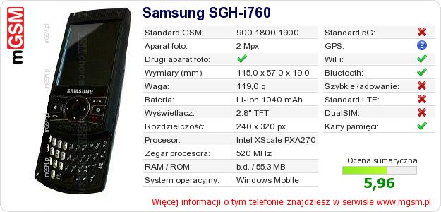 Dane telefonu Samsung SGH-i760 Dane telefonu Samsung SGH-i760