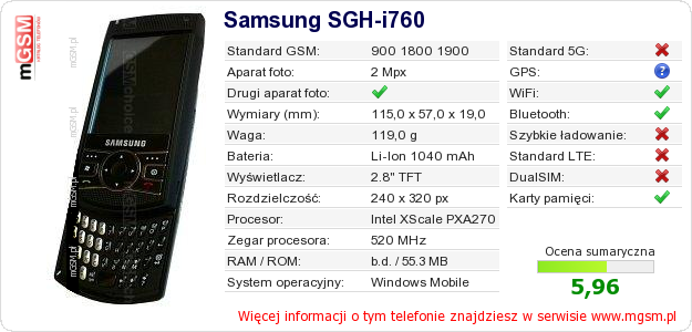 Dane telefonu Samsung SGH-i760