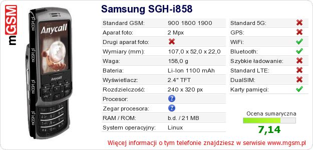 Dane telefonu Samsung SGH-i858