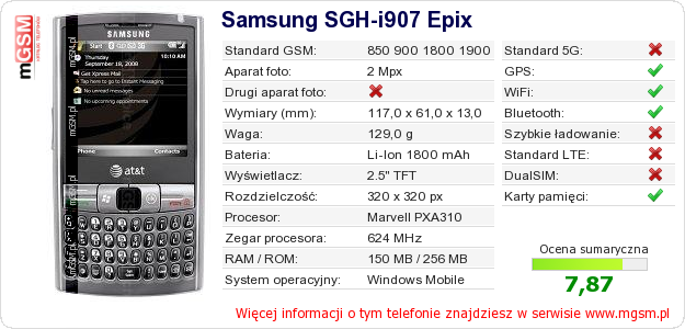 Dane telefonu Samsung SGH-i907 Epix