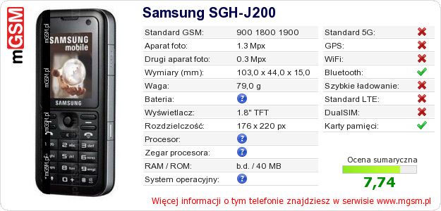 Dane telefonu Samsung SGH-J200