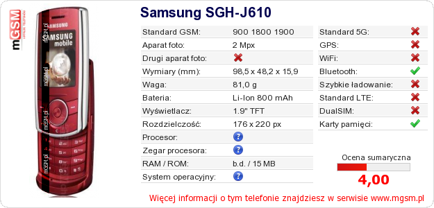 Dane telefonu Samsung SGH-J610