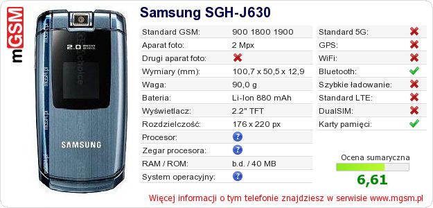 Dane telefonu Samsung SGH-J630