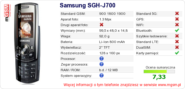 Dane telefonu Samsung SGH-J700