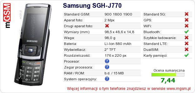Dane telefonu Samsung SGH-J770
