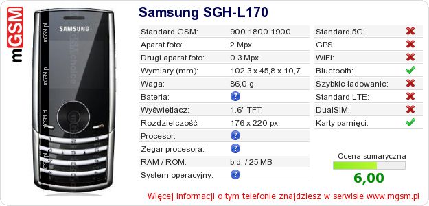 Dane telefonu Samsung SGH-L170