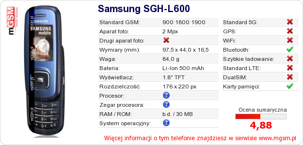 Dane telefonu Samsung SGH-L600 Dane telefonu Samsung SGH-L600